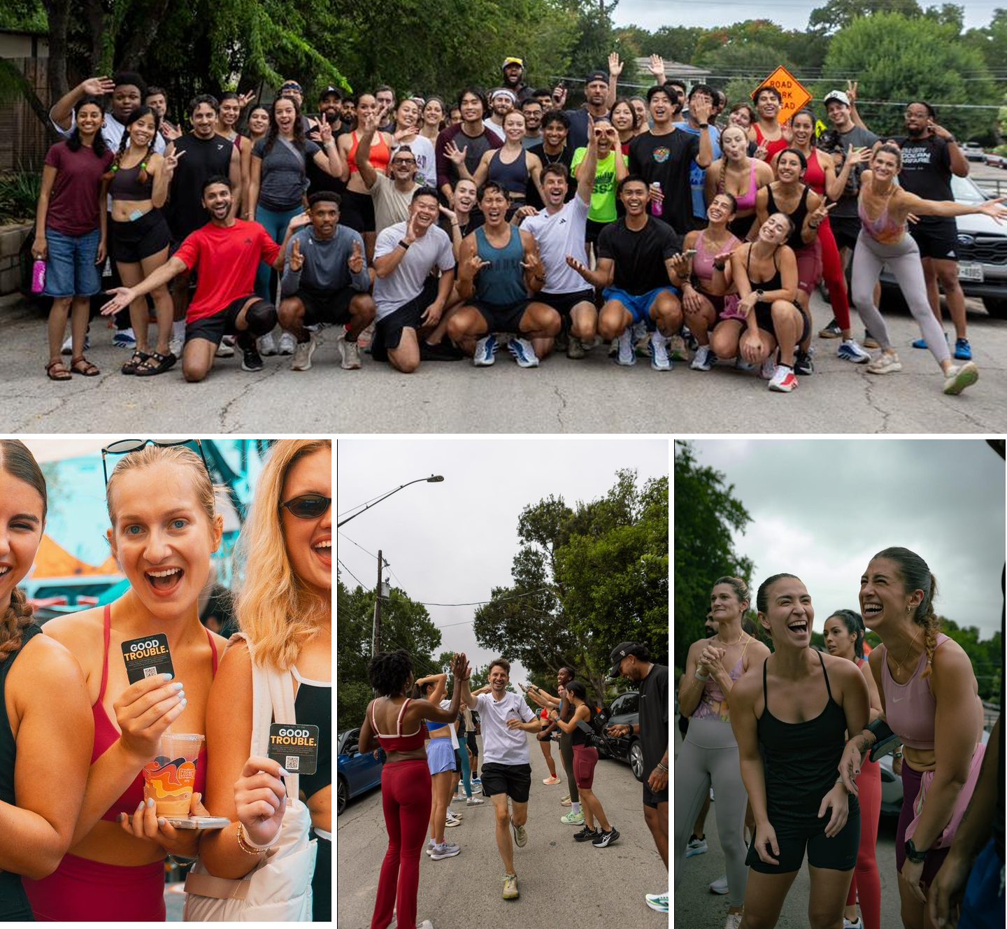 Photos from the Sweaty Friends July 14 event — the group, the run, high-fives on the route, and the evening gathering