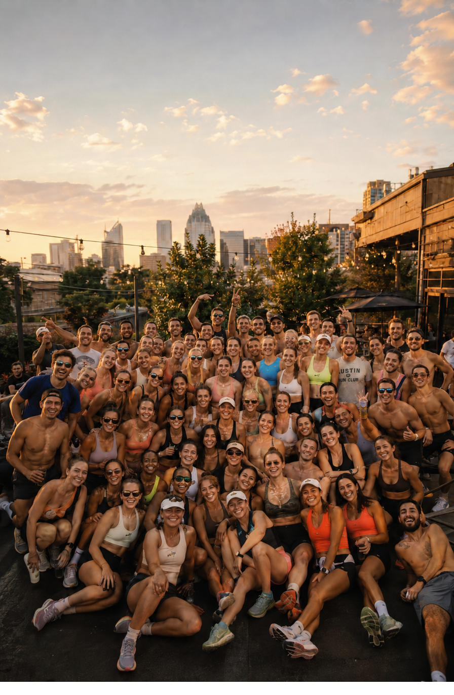 The Sweaty Friends run club crowd at sunset with the Austin skyline behind them